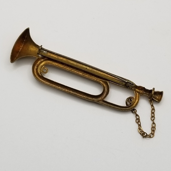 Vintage Antique Pin Brooch C Clasp Brass Bugle Musical Instrument Horn Lapel 3in - Picture 4 of 9